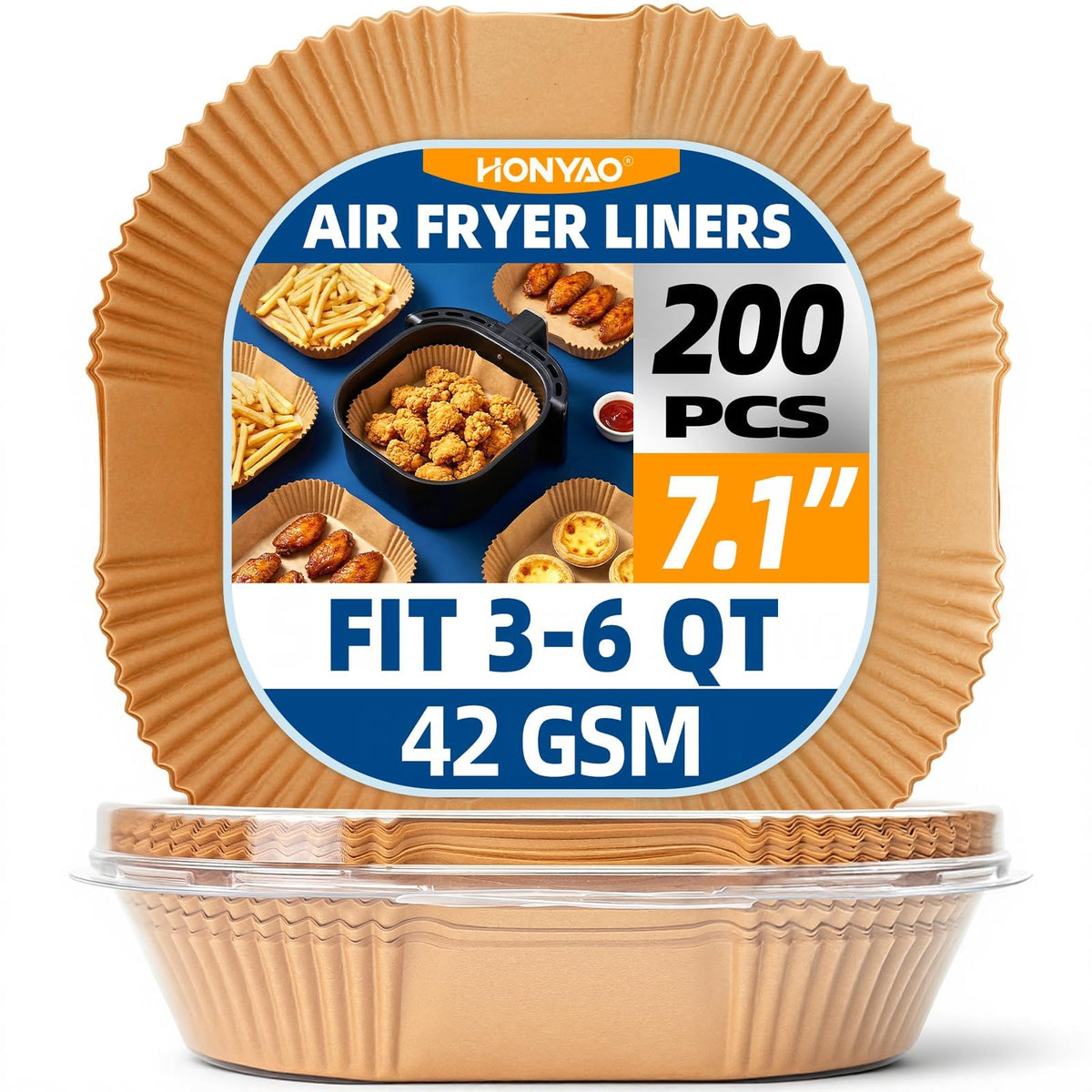 HONYAO 7.1x7.1 inch square liner pack for air fryers, bulk 200 pieces, easy cleanup.