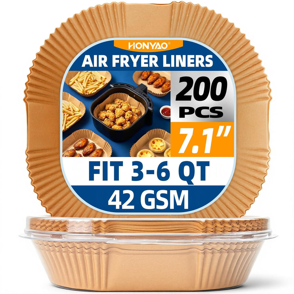HONYAO 7.1x7.1 inch square liner pack for air fryers, bulk 200 pieces, easy cleanup.