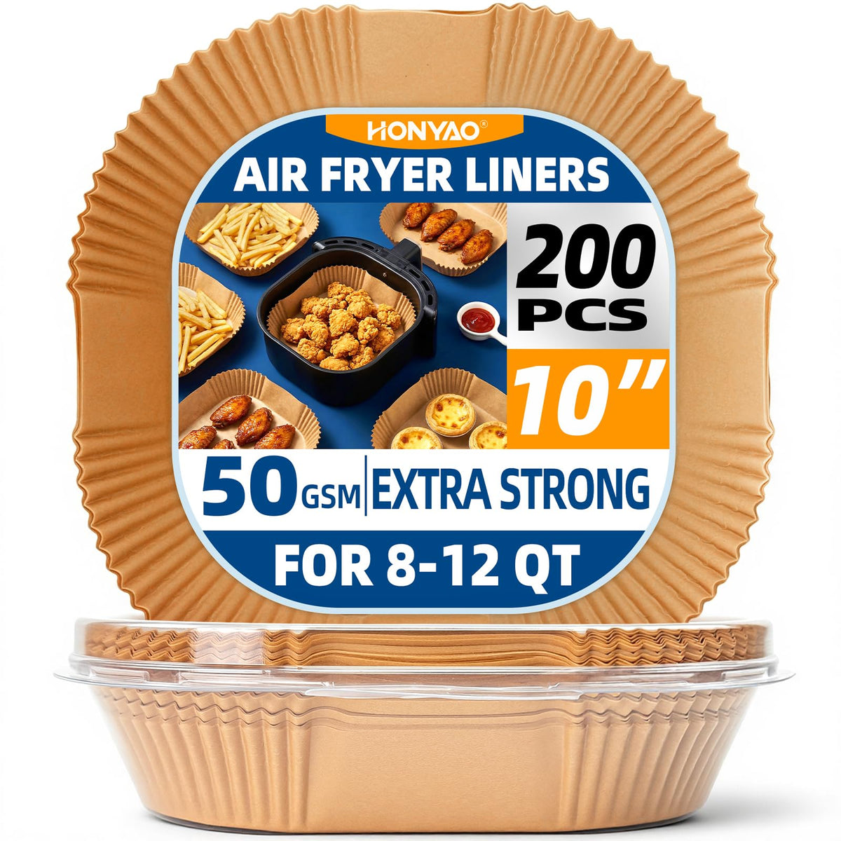 HONYAO air fryer liners top view show precise 10x10 inch fit for 8–12 qt baskets