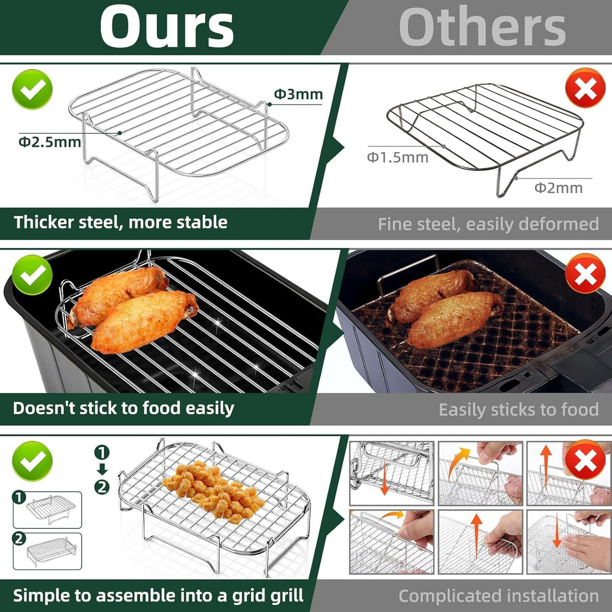 HONYAO air fryer rack for Ninja DZ401 enables parallel cooking of fries and bacon.
