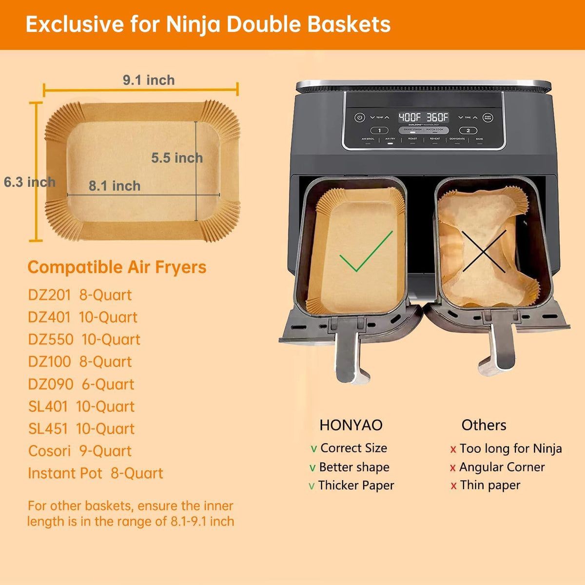 HONYAO liner fits Cosori 9Qt basket and prevents sticking.