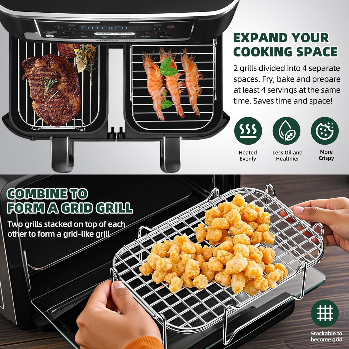HONYAO rectangle rack in stainless steel improves air flow and even crisping.