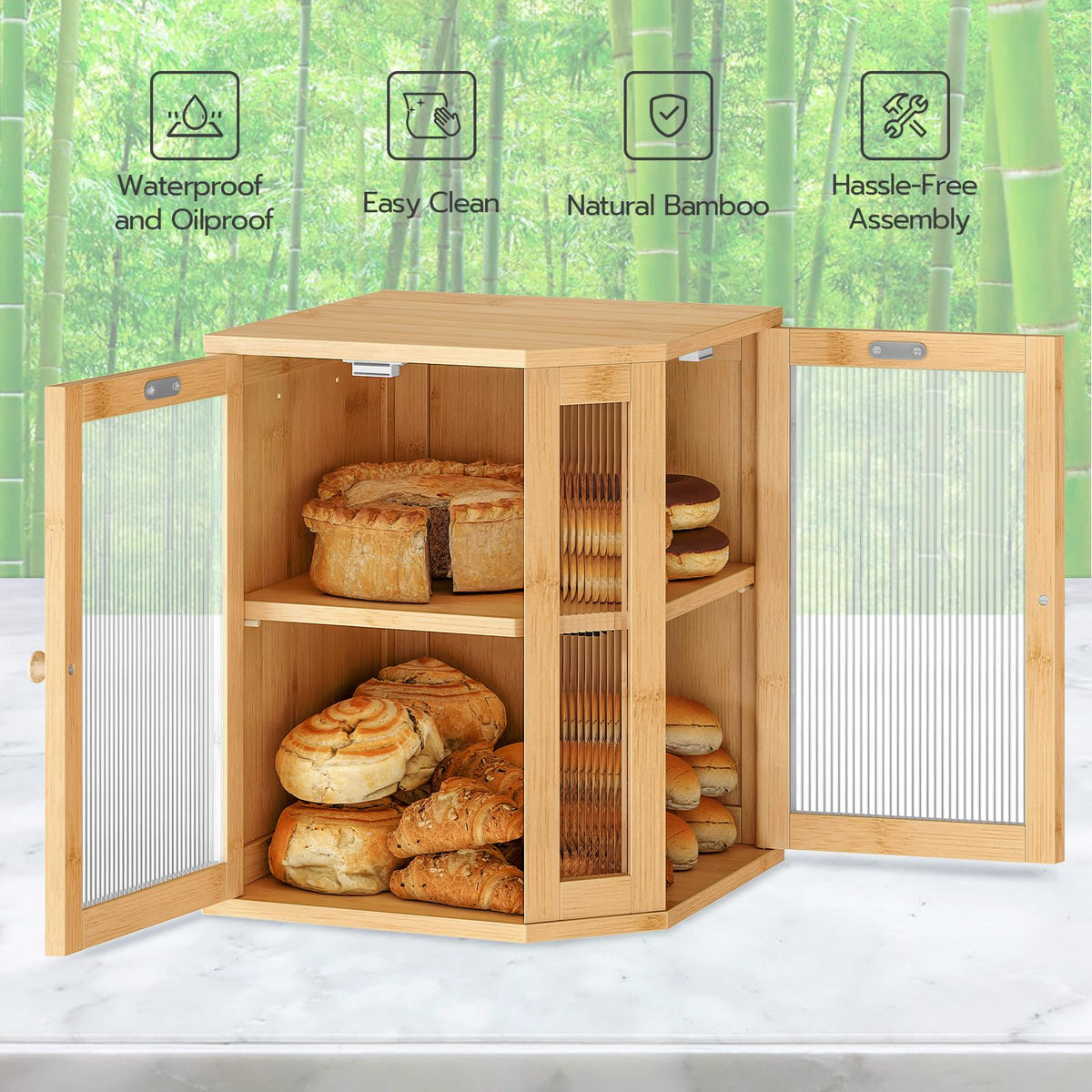 HOOBRO two-tier interior helps organize bread and pastries efficiently.