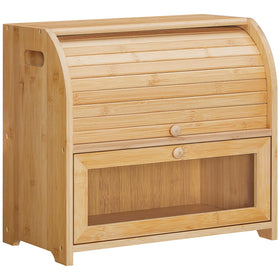 HOOBRO bread box with roll-top door displaying fresh bread on a counter.