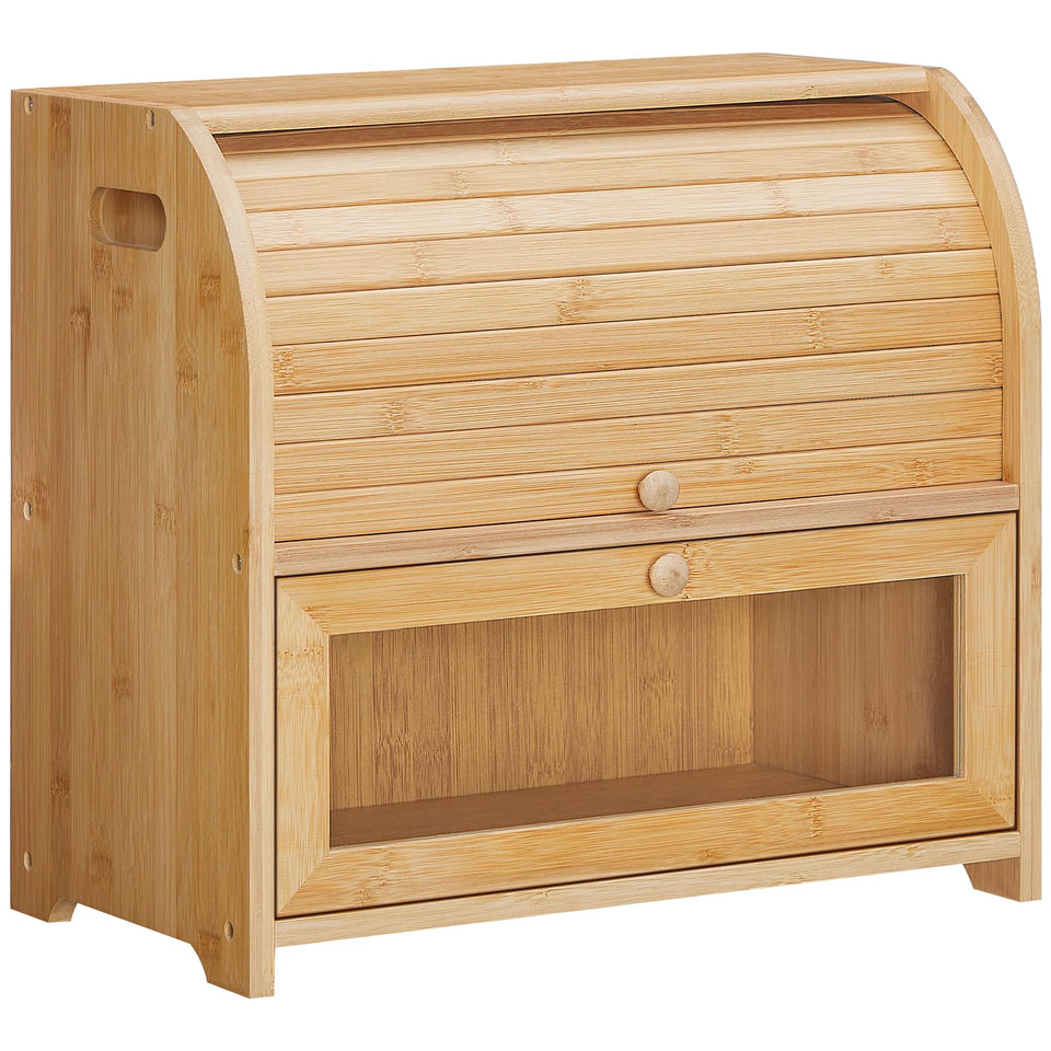 HOOBRO bread box with roll-top door displaying fresh bread on a counter.