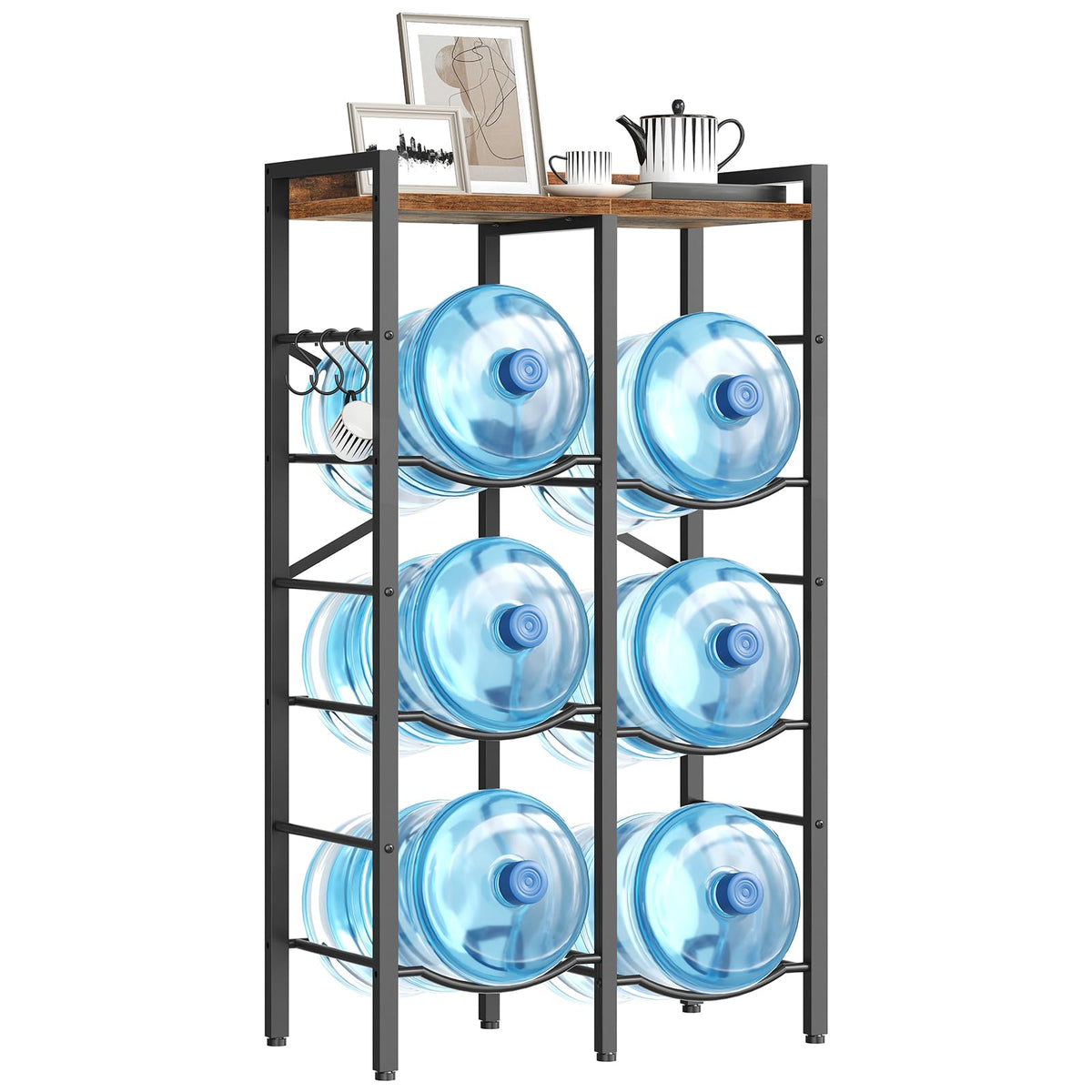 HOOBRO space-saving rack fits six five-gallon bottles.