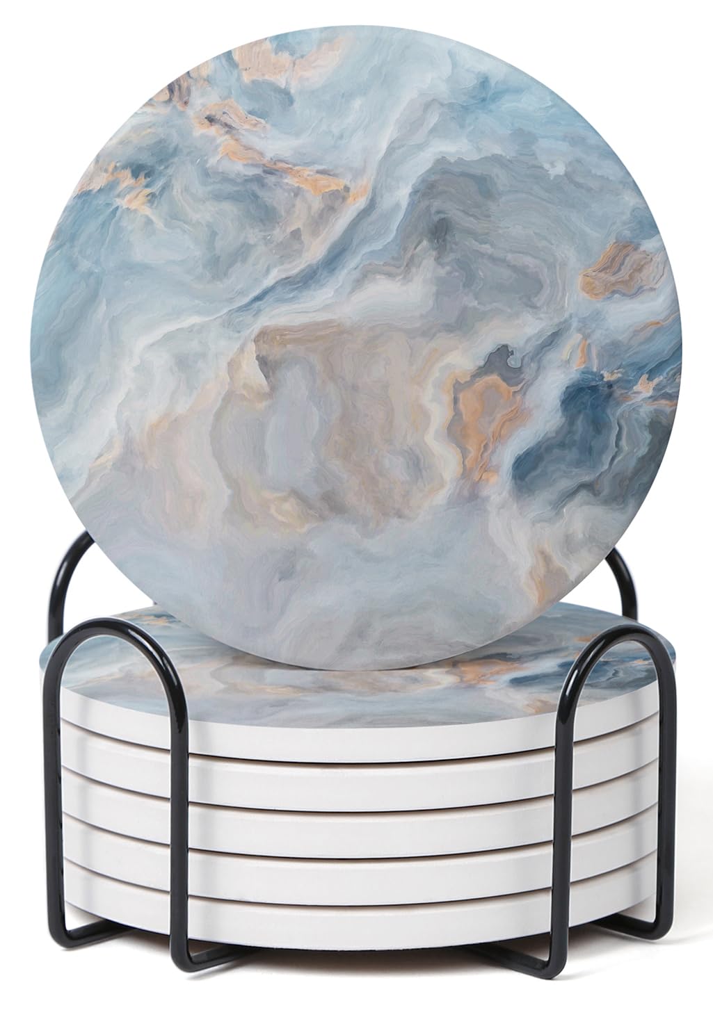Hoomey abstract blue marble coaster set with holder protects surfaces and adds elegance.