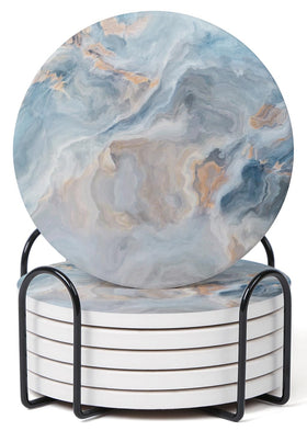 Hoomey abstract blue marble coaster set with holder protects surfaces and adds elegance.