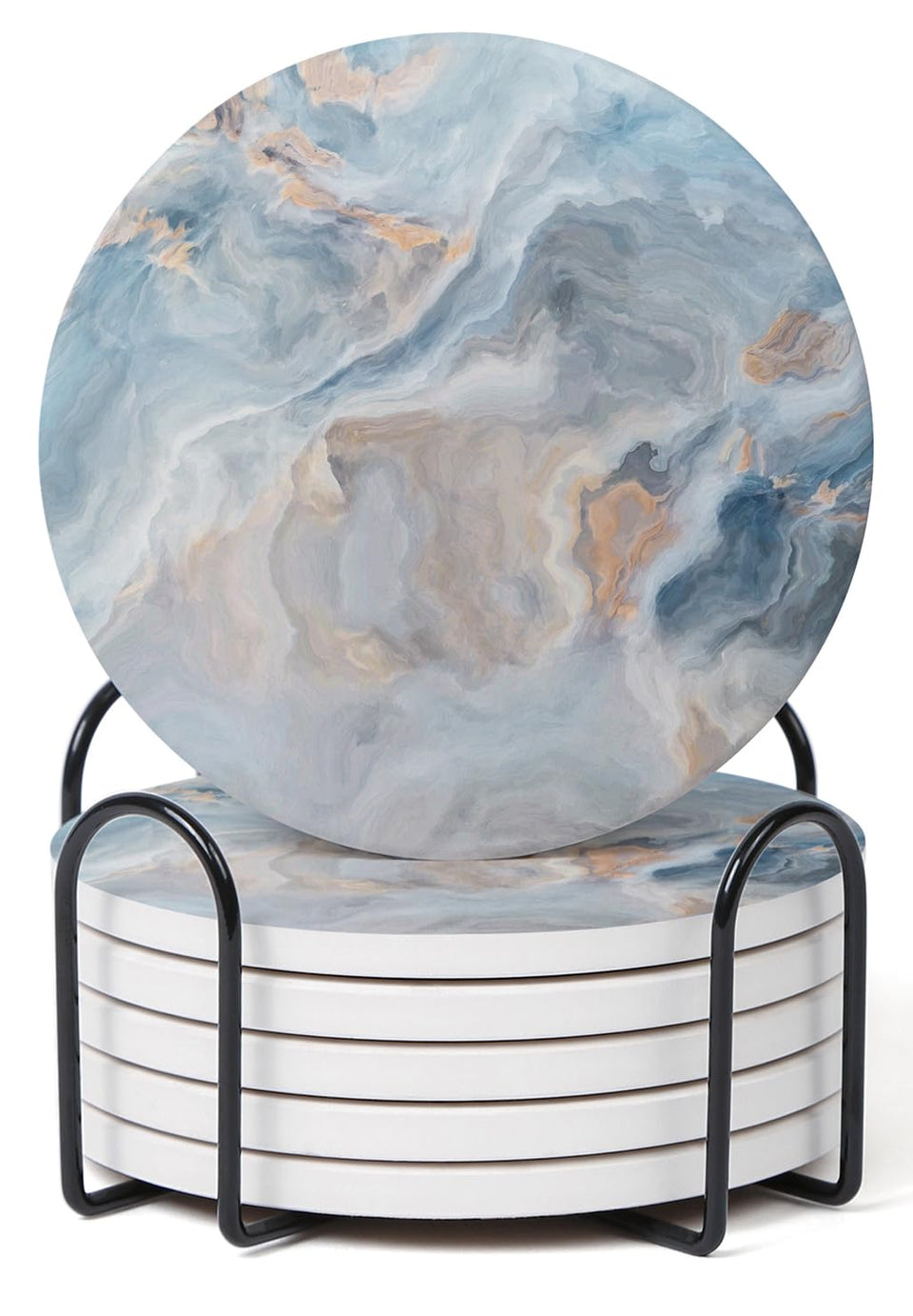 Hoomey abstract blue marble coaster set with holder protects surfaces and adds elegance.