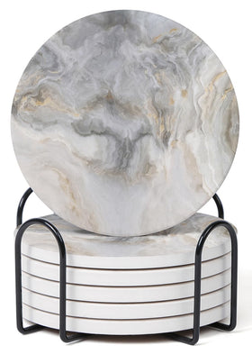 Hoomey abstract gray-white marble coasters with holder protect surfaces while adding style.