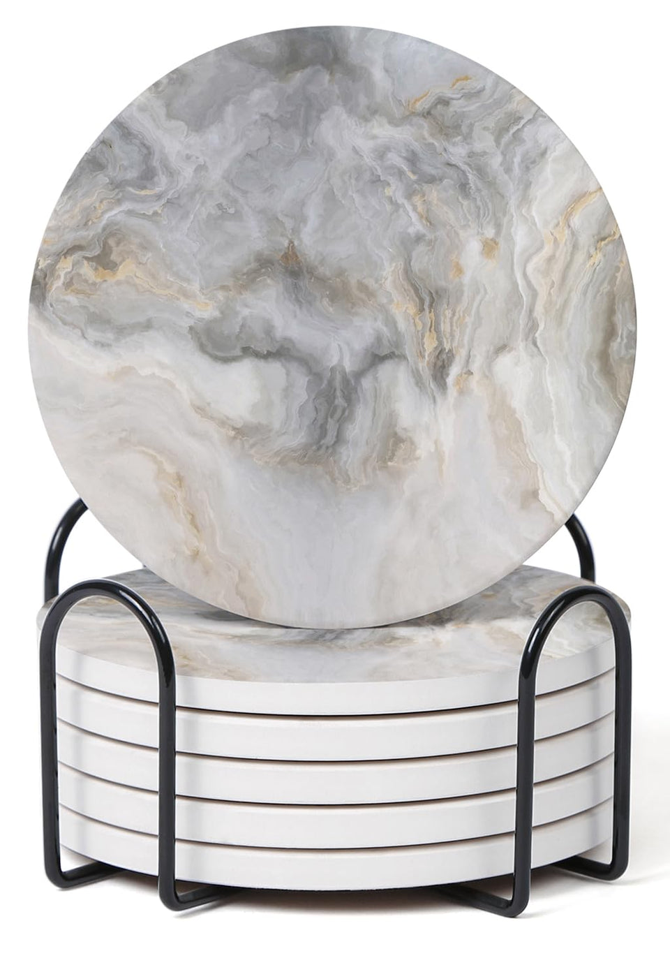 Hoomey abstract gray-white marble coasters with holder protect surfaces while adding style.