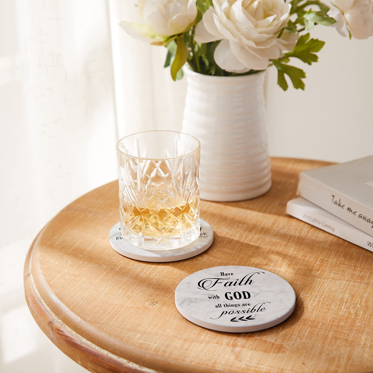 Hoomey metal coaster holder keeps six coasters neatly organized.