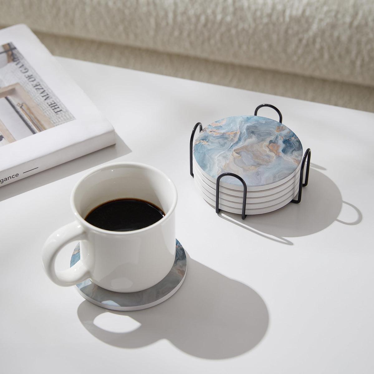 Hoomey cork-backed coasters prevent scratches and ring marks on tables.