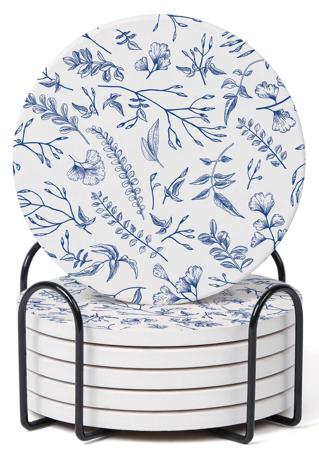 Hoomey floral blue-white coasters with holder protect surfaces while adding vintage flair.
