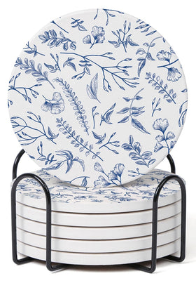 Hoomey floral blue-white coasters with holder protect surfaces while adding vintage flair.