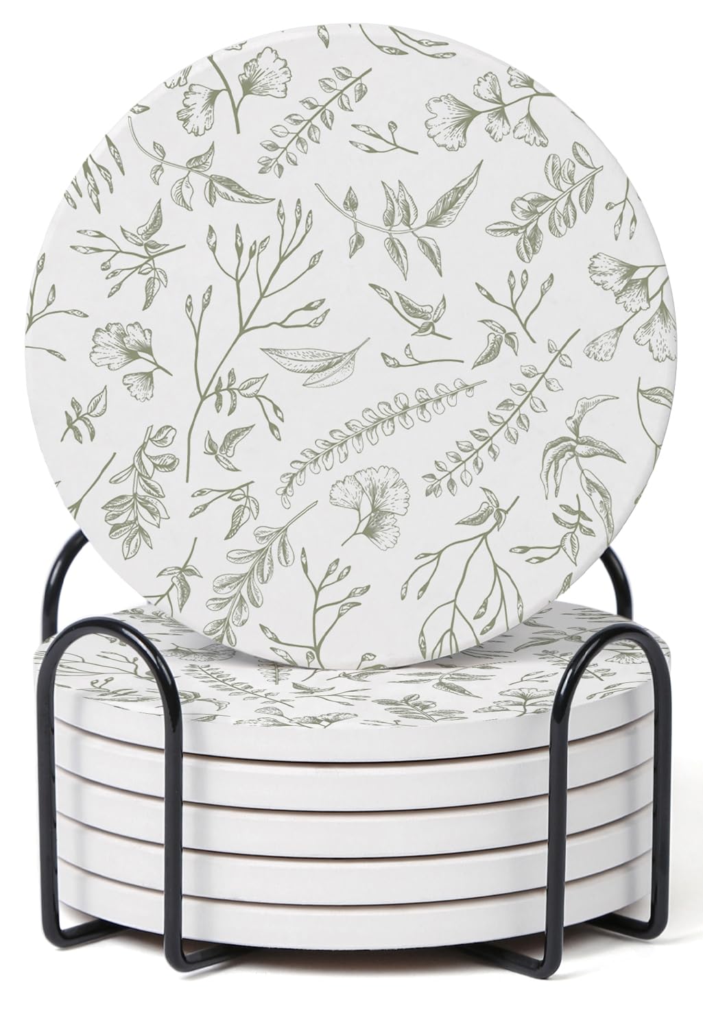 Hoomey floral sage white coaster set with holder protects surfaces while staying neatly organized