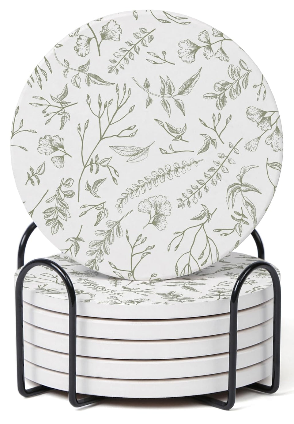 Hoomey floral sage white coaster set with holder protects surfaces while staying neatly organized