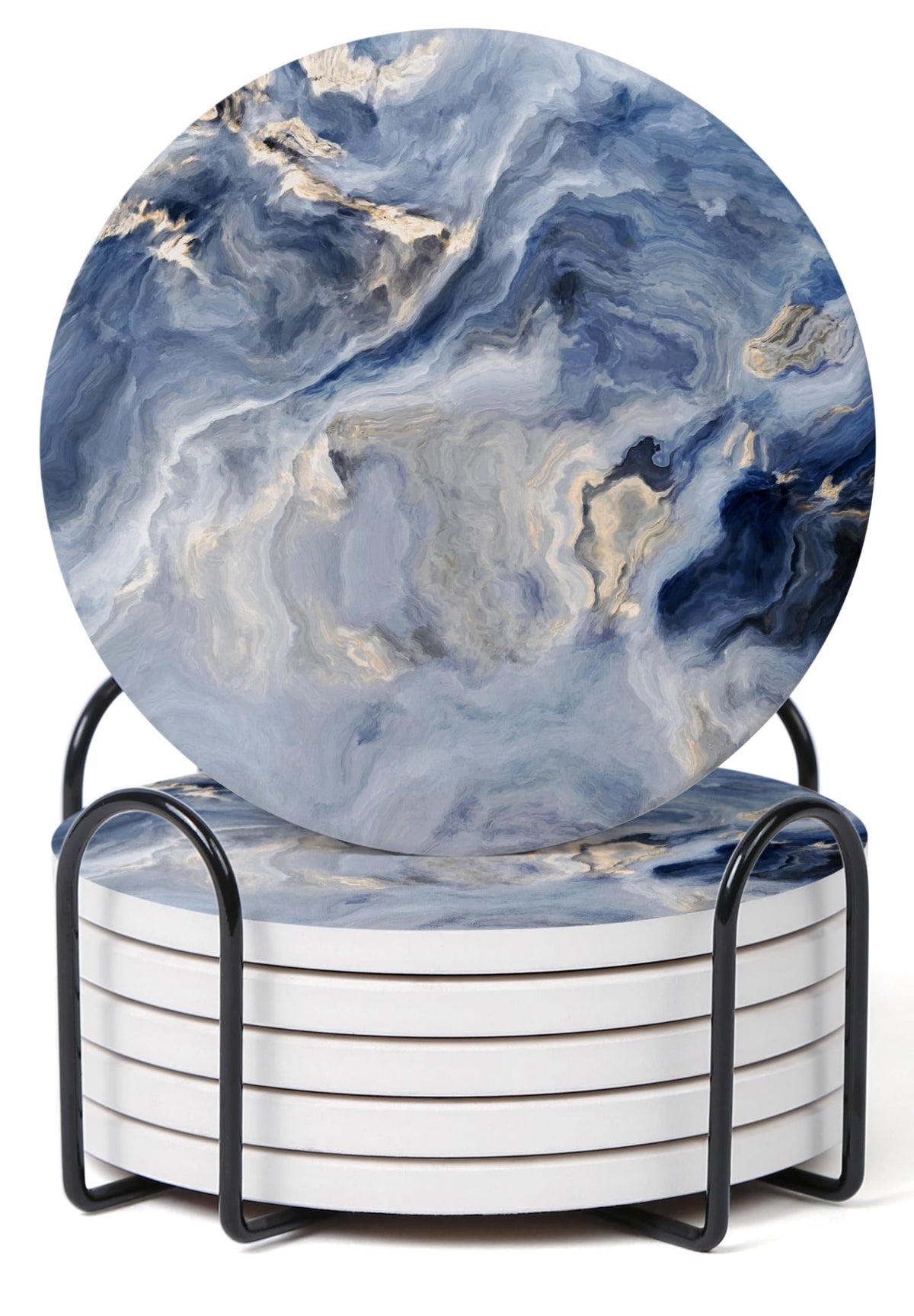 Hoomey navy blue marble coaster set with pattern protects surfaces.