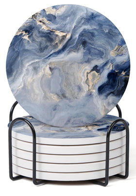 Hoomey navy blue marble coaster set with pattern protects surfaces.