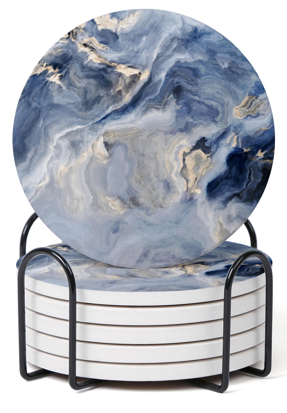 Hoomey navy blue marble coaster set with pattern protects surfaces.