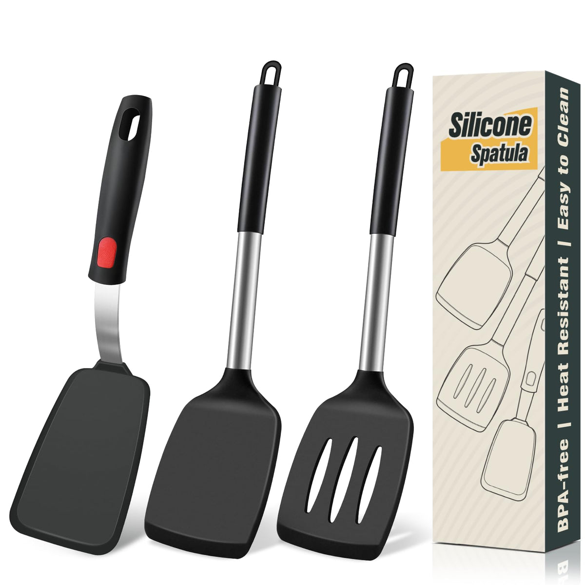 Hoosook solid spatula from the 3-piece set, safe for high-heat non-stick pans.