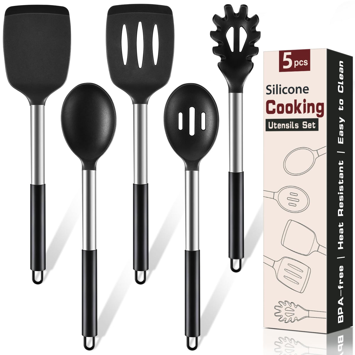 Hoosook silicone solid turner over hot skillet, protects nonstick surfaces.