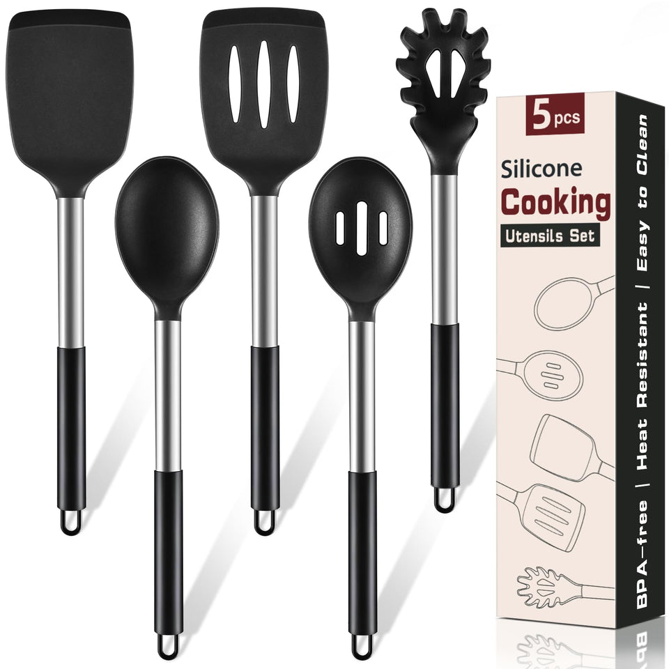 Hoosook silicone solid turner over hot skillet, protects nonstick surfaces.