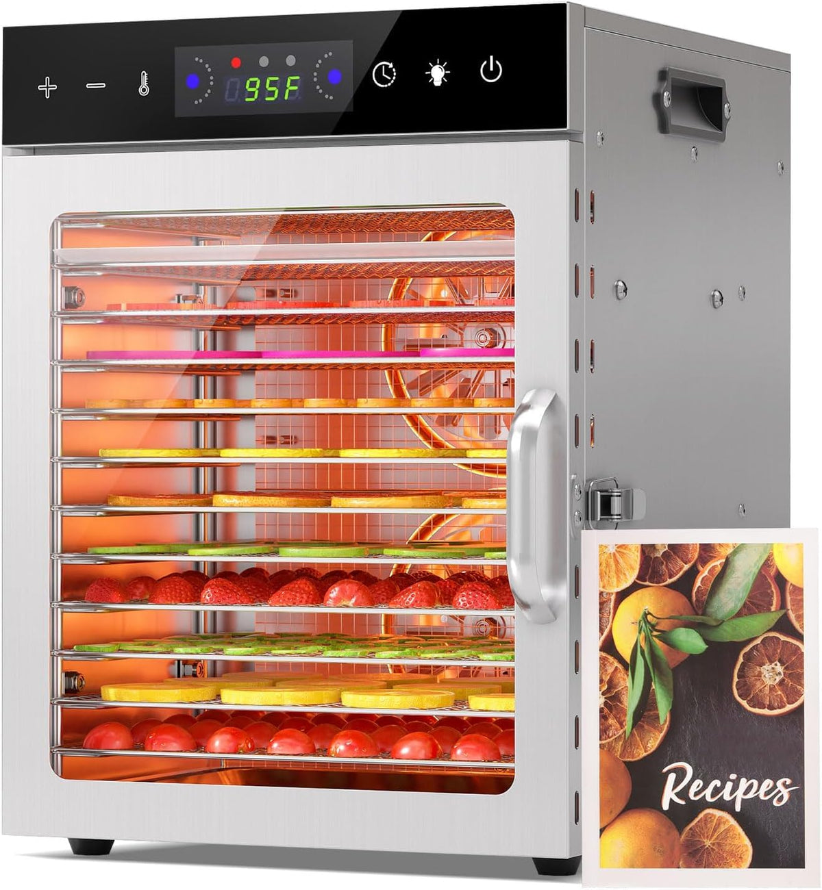 HOPERAN 12-tray dehydrator with stainless steel racks for jerky, herbs, and fruit.