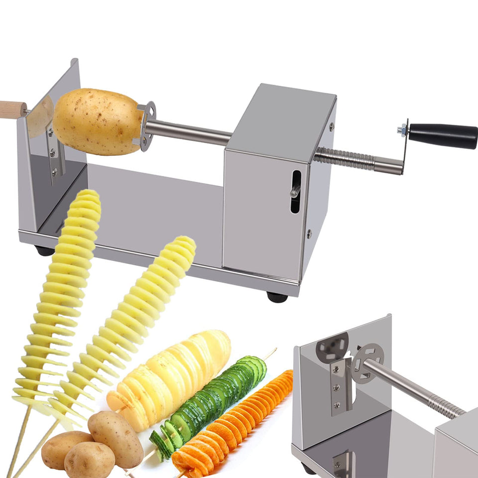 Hoqqf Twisted Potato Slicer with handle crank enables effortless spiral cutting for uniform fries.