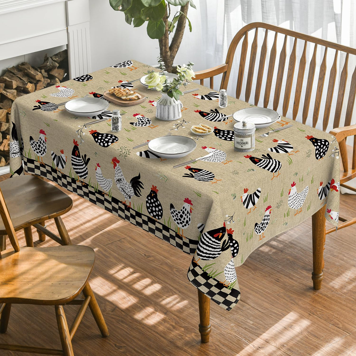 Horaldaily colorful rooster-pattern tablecloth adds festive flair to a dining setup.