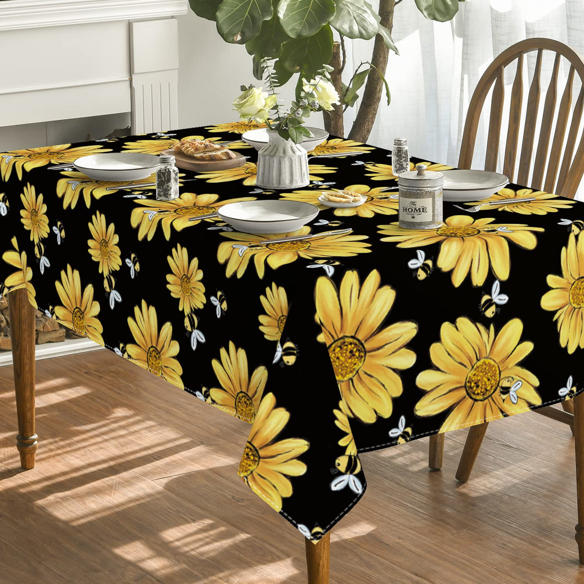 Horaldaily dining setup with this tablecloth enhances family meals with sunny decor.