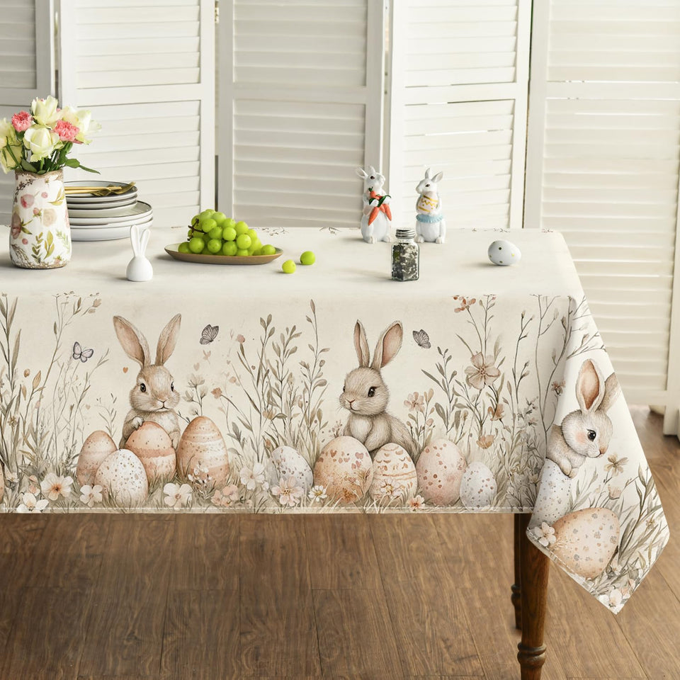 Horaldaily Easter tablecloth on beige table setting for festive dining.