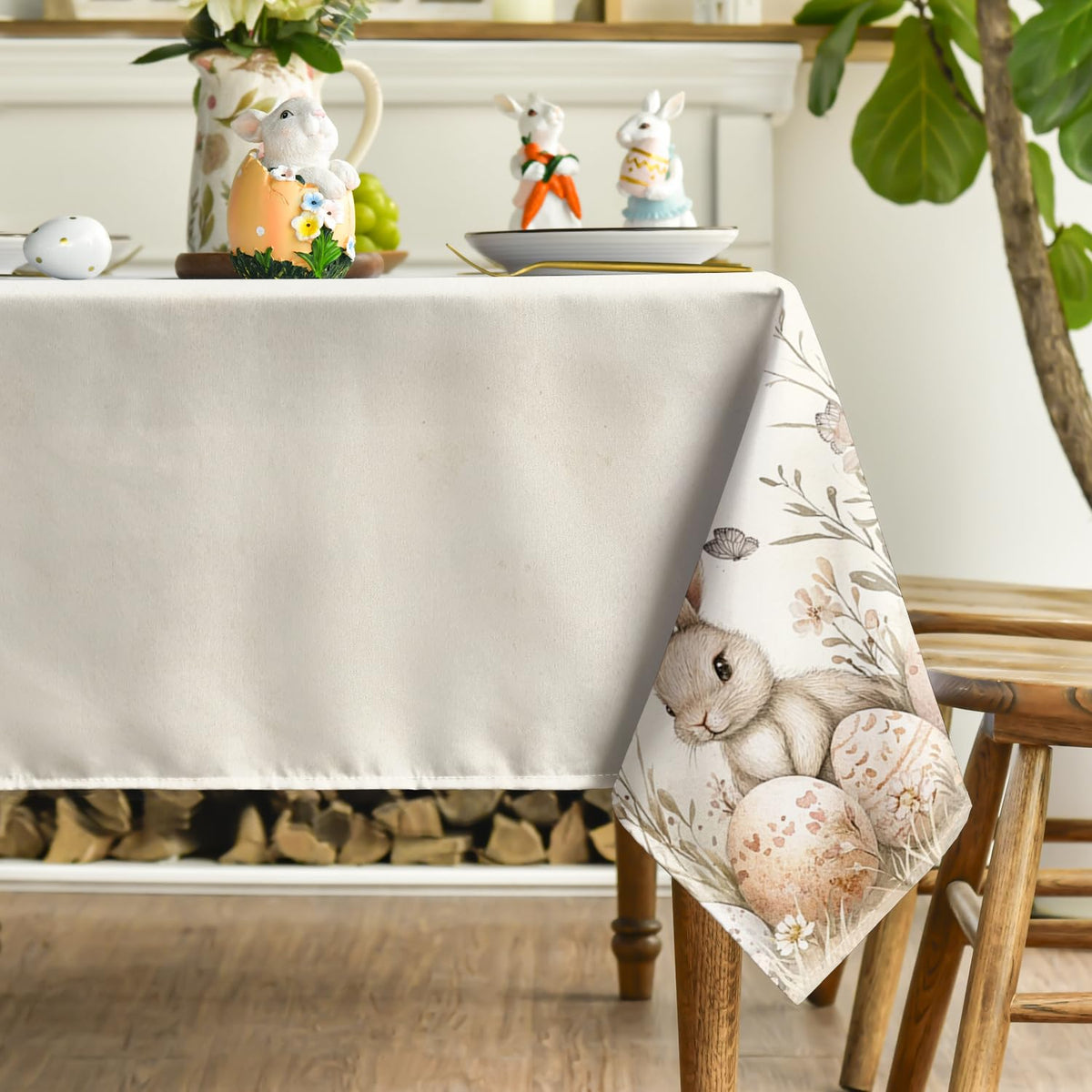 Horaldaily 60x84 beige tablecloth creates an elegant Easter dining scene.