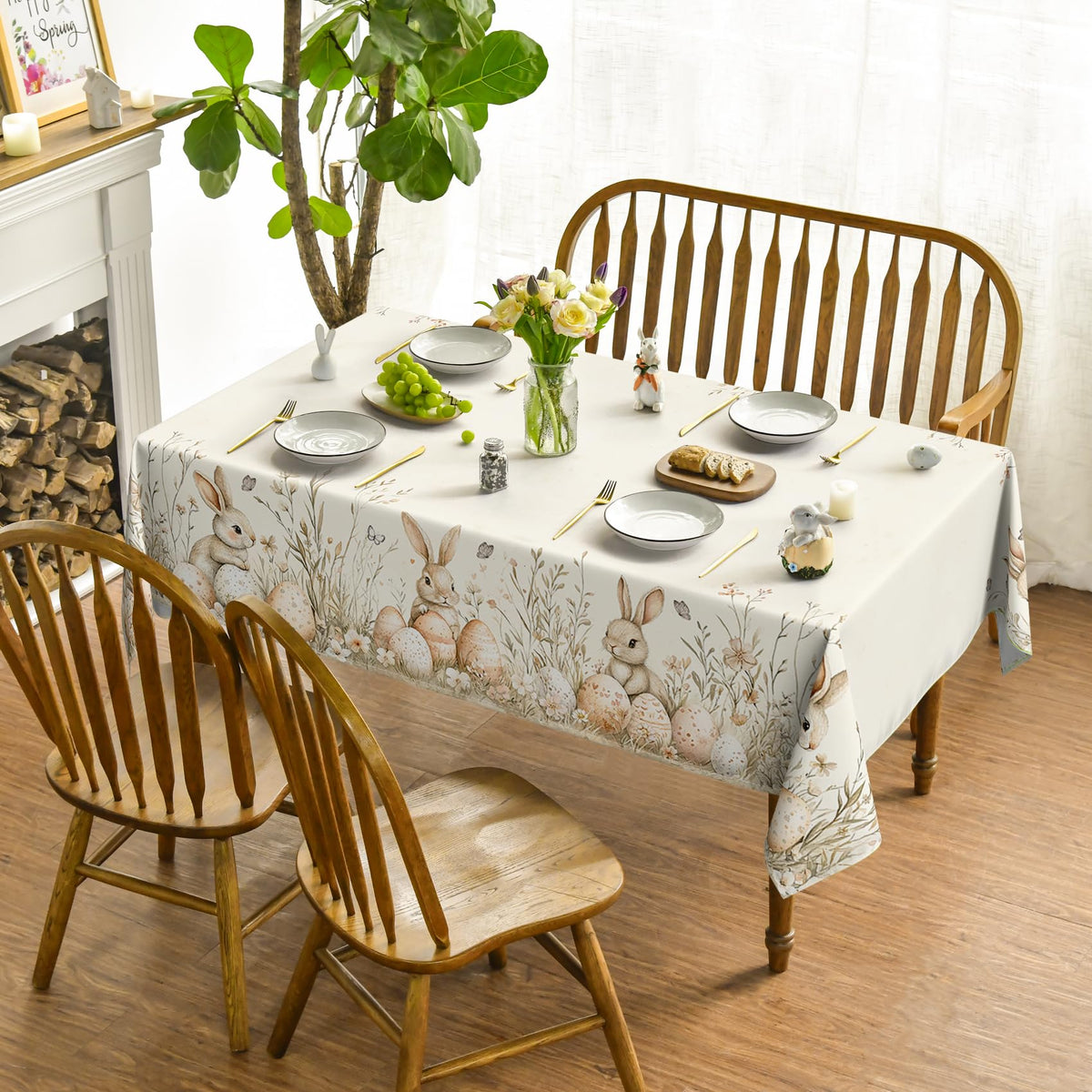 Horaldaily Easter tablecloth with bunny egg pattern enhances spring decor.