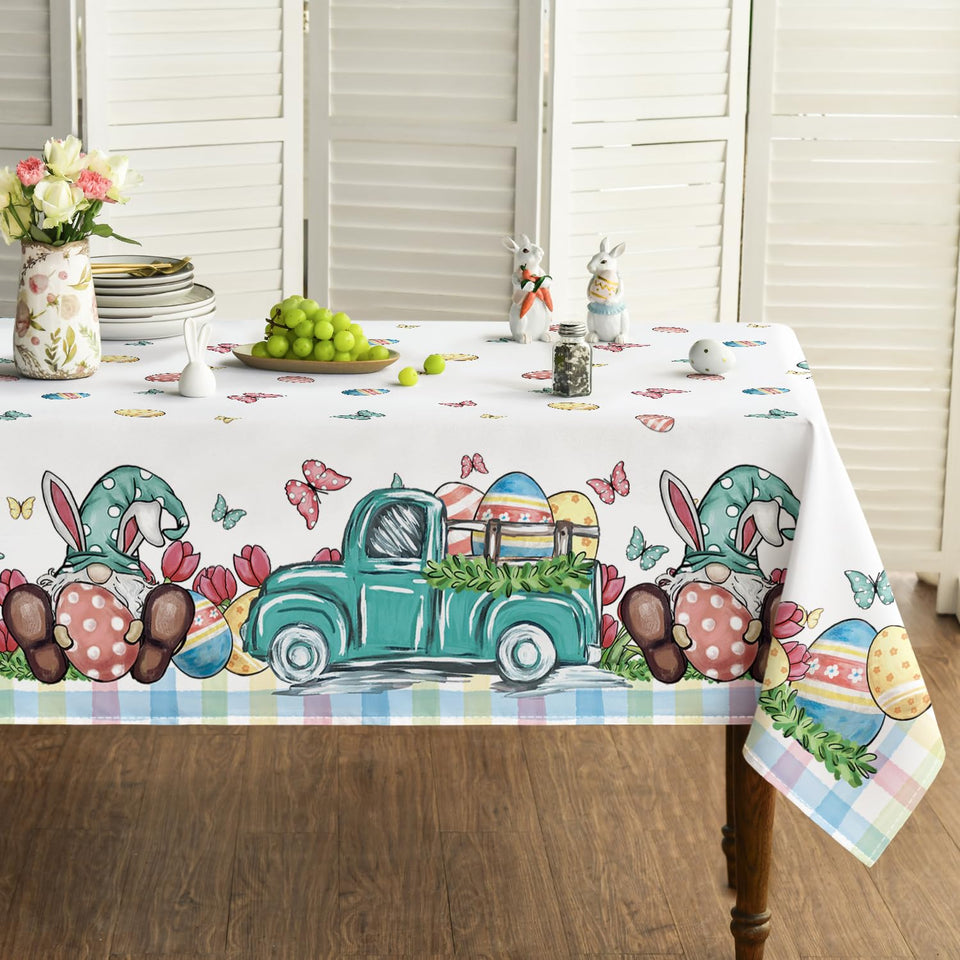 Horaldaily Easter tablecloth flatlay with gnome pattern for festive dining.