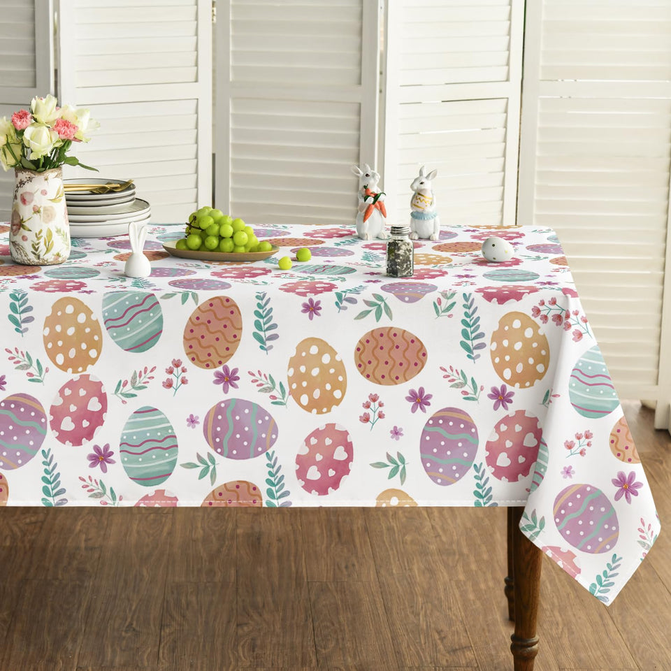 Horaldaily Easter Tablecloth 60x84 inch full table setup featuring watercolor eggs.
