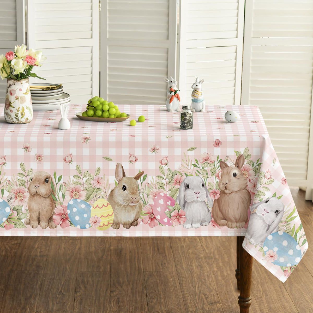 Horaldaily Easter tablecloth with bunnies pink buffalo plaid brightens spring meals