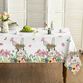Horaldaily Easter tablecloth with bunny-flowers pattern for festive dining