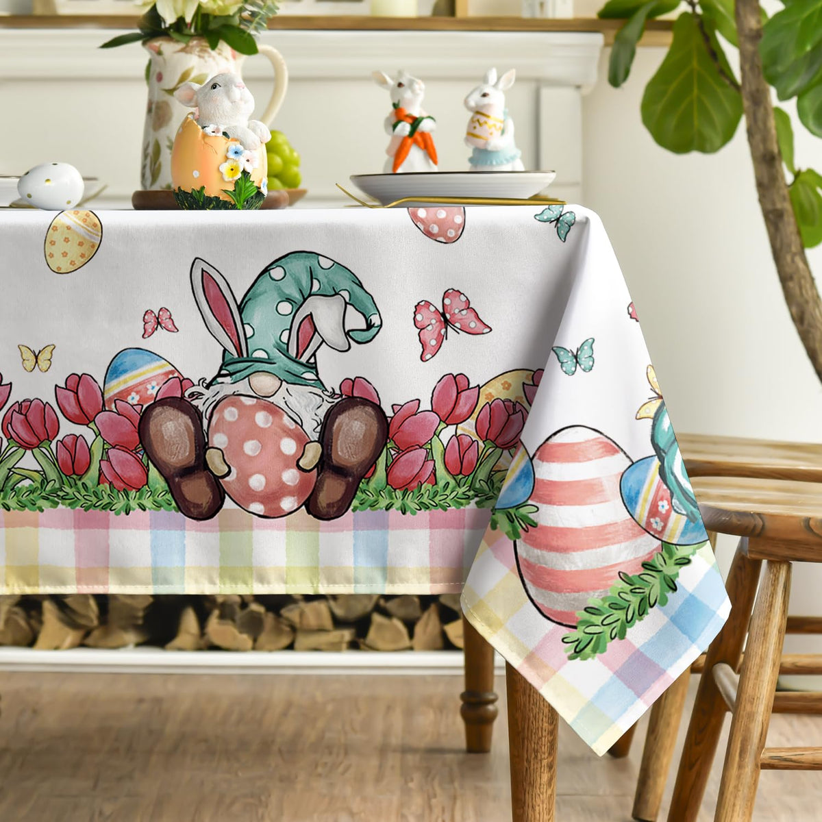 Horaldaily Easter tablecloth on a dining setup with eggs and decor for family meals.