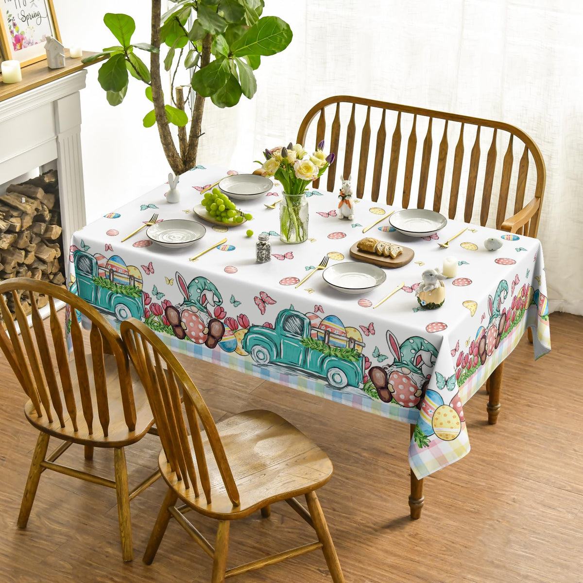 Horaldaily Easter tablecloth close-up showing durable, washable fabric for easy cleanup.