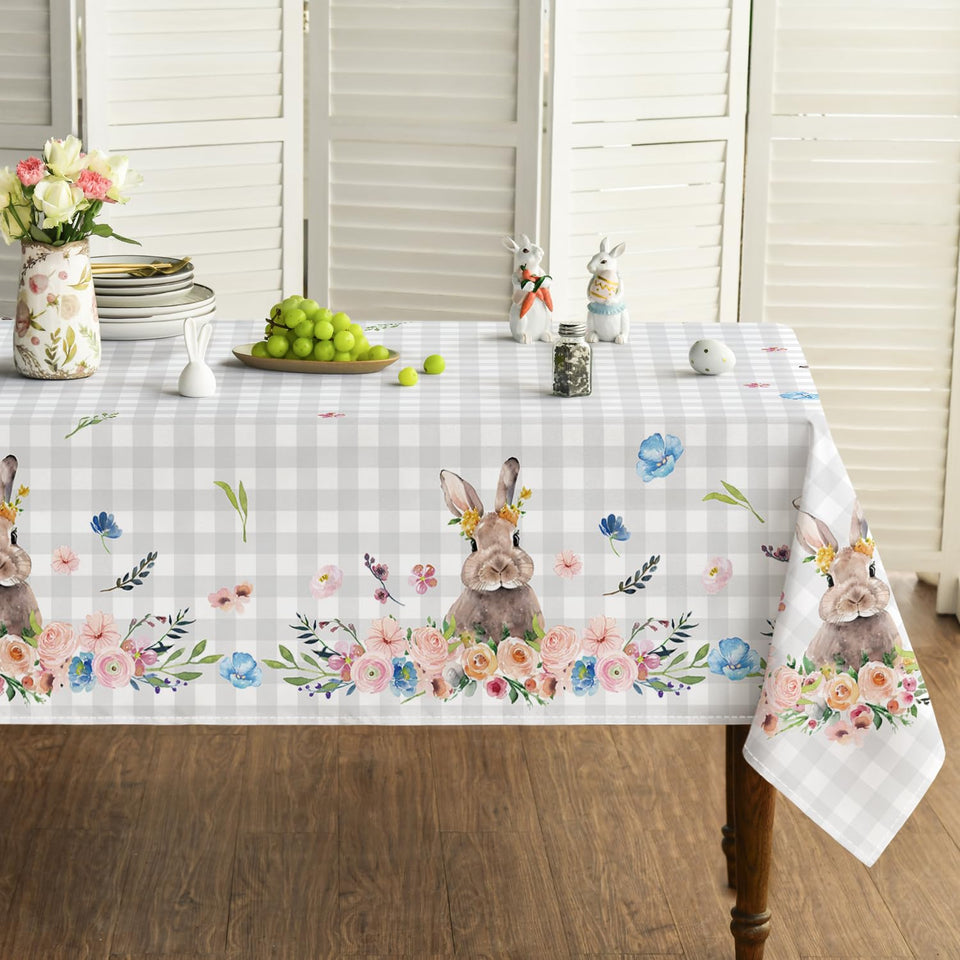 Horaldaily Easter tablecloth with spring flowers and buffalo plaid for festive dining