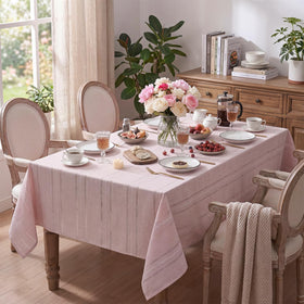 Horaldaily pink tablecloth showing embroidery detail for farmhouse dining