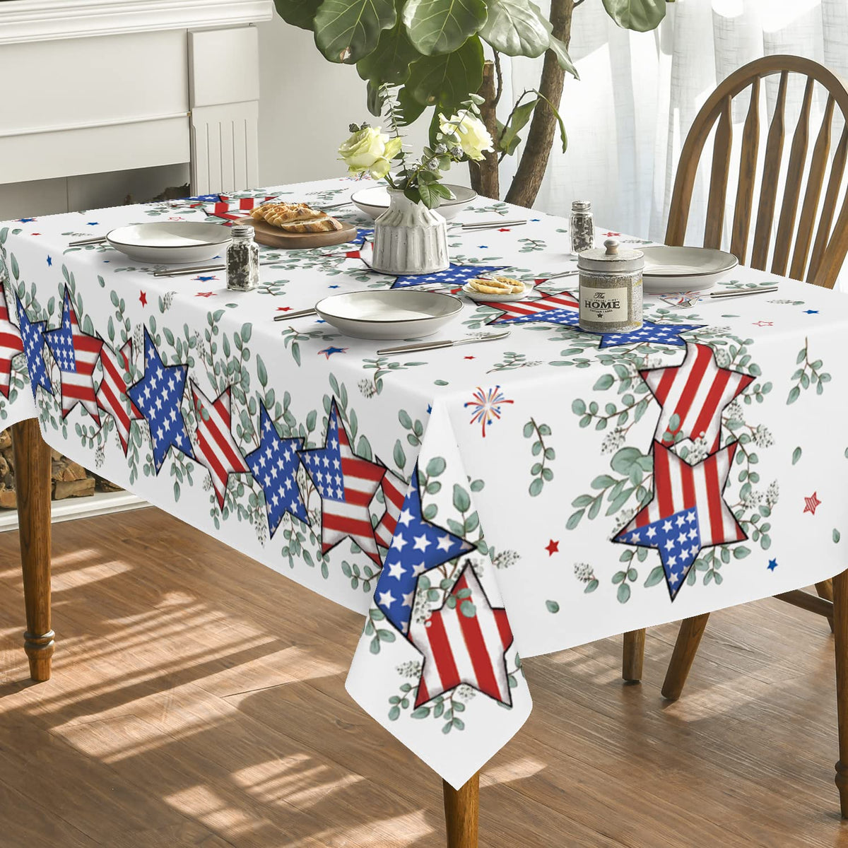 Horaldaily independence day table cover on a long dining table.