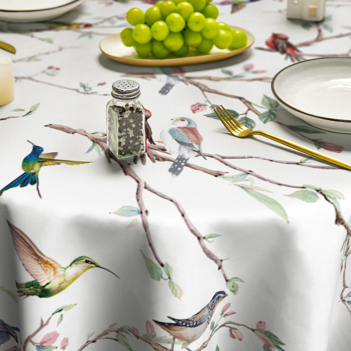 Horaldaily table setting using birds-branch-white-floral print for party decor.