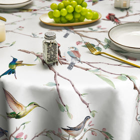 Horaldaily table setting using birds-branch-white-floral print for party decor.
