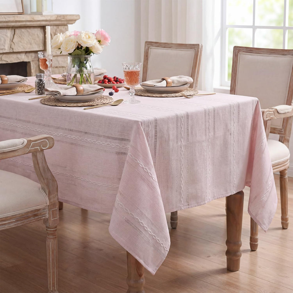 Horaldaily pink cotton blend tablecloth with hemstitched embroidery for everyday elegance