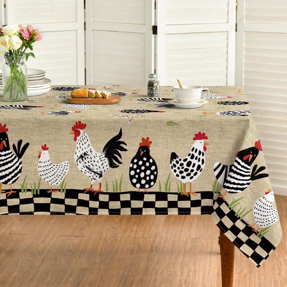 Horaldaily rooster rustic tablecloth protecting a wooden table with the rooster pattern.