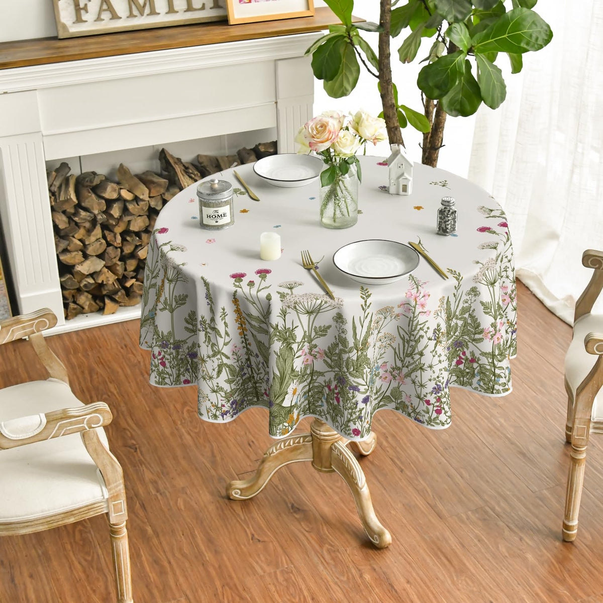 Horaldaily round tablecloth on a family dining setup