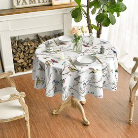 Horaldaily round tablecloth featuring birds-branch-white-floral print for celebrations.