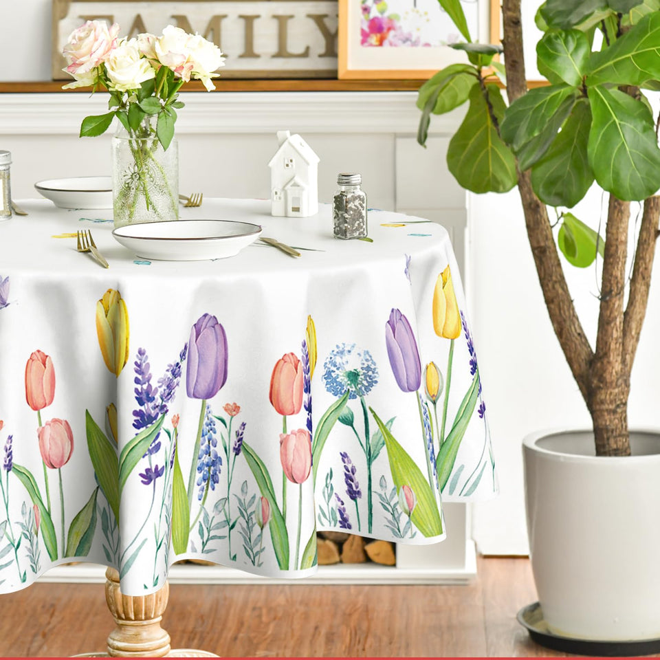 Horaldaily round tablecloth with Easter watercolor florals for festive tables
